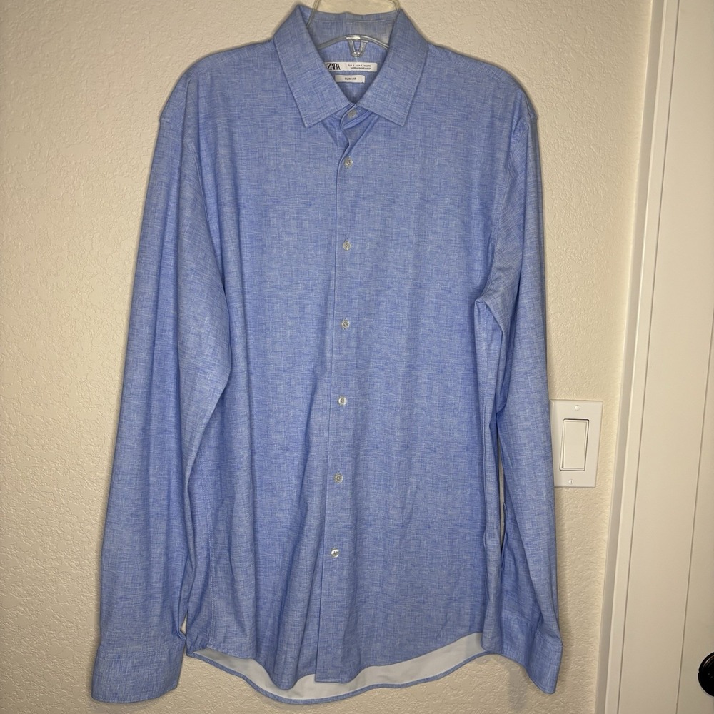 Zara Men's XL Light Blue Cotton Button Up Shirt Slim Fit Long Sleeve Casual